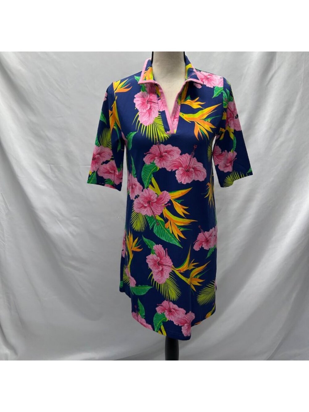 Tropical Floral Print Polo Dress With Pockets By AnaClare Navy With Pink & Yello